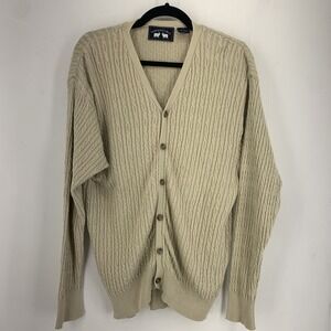 Vintage 90s Wood & Gray Medium Cable‎ Knit Cardigan Sweater Grandpa Preppy Dad
